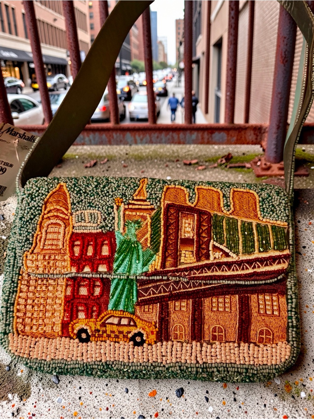 T.J.Maxx Embroidered Cityscape Crossbody in Green, Tan & Brown